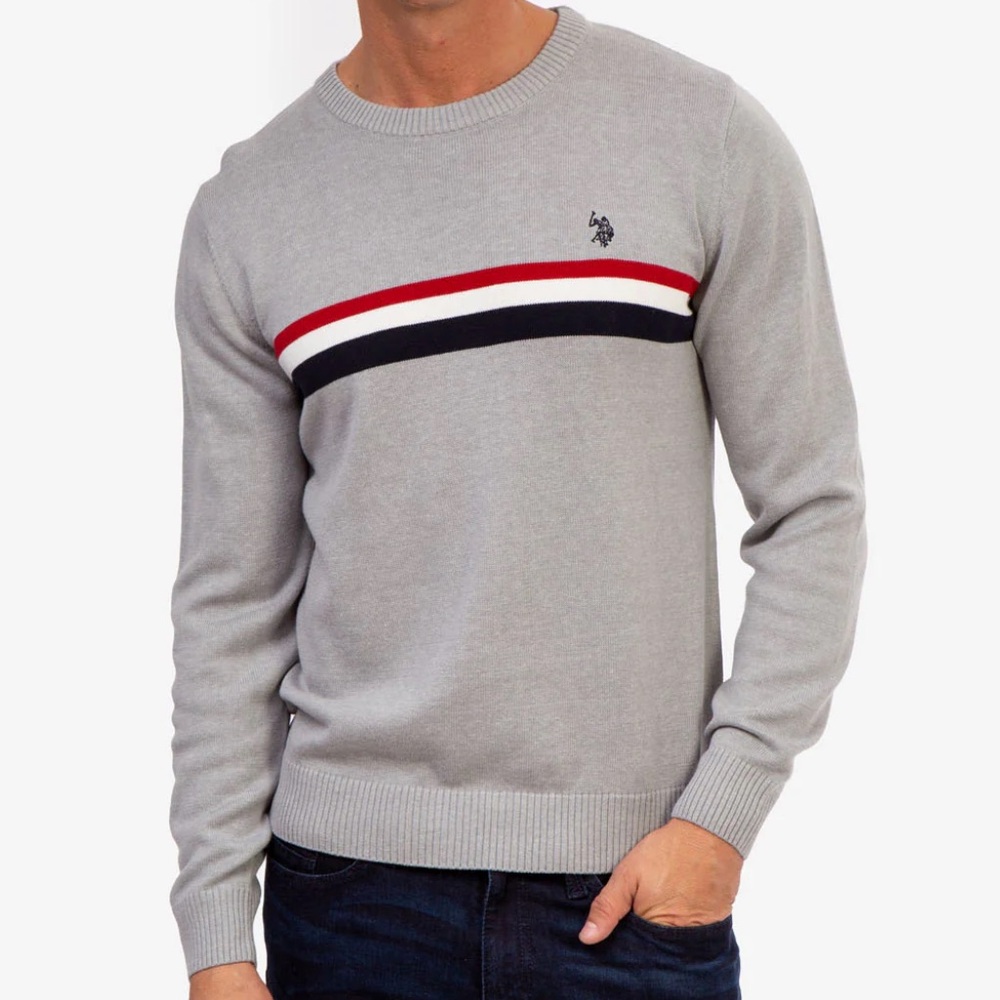U.S. POLO ASSN HEATHER GREY MENS CHEST STRIPE CREWNECK SWEATER **NWT** - Picture 9 of 9
